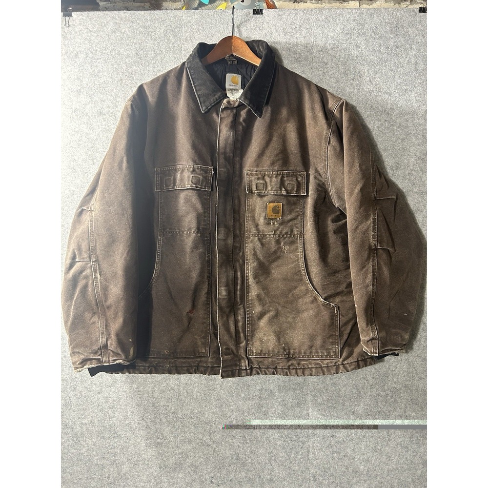VTG Carhartt Men's 2XL Brown Duck Canvas Chore Jacket Quilted Y2K Distressed